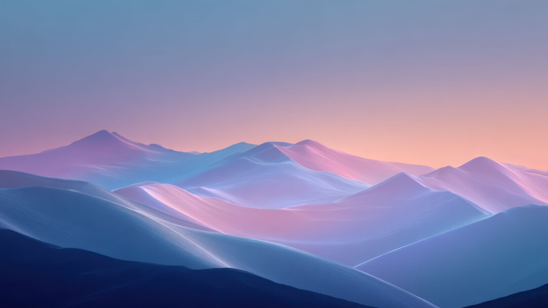 An ethereal 4K wallpaper depicting a series of softly glowing, abstract mountain ranges stretching across a serene, gradient sky. The striking interplay of vibrant blues, purples, and pinks on the undulating peaks and valleys creates an otherworldly, tranquil atmosphere against the peach and lavender horizon.