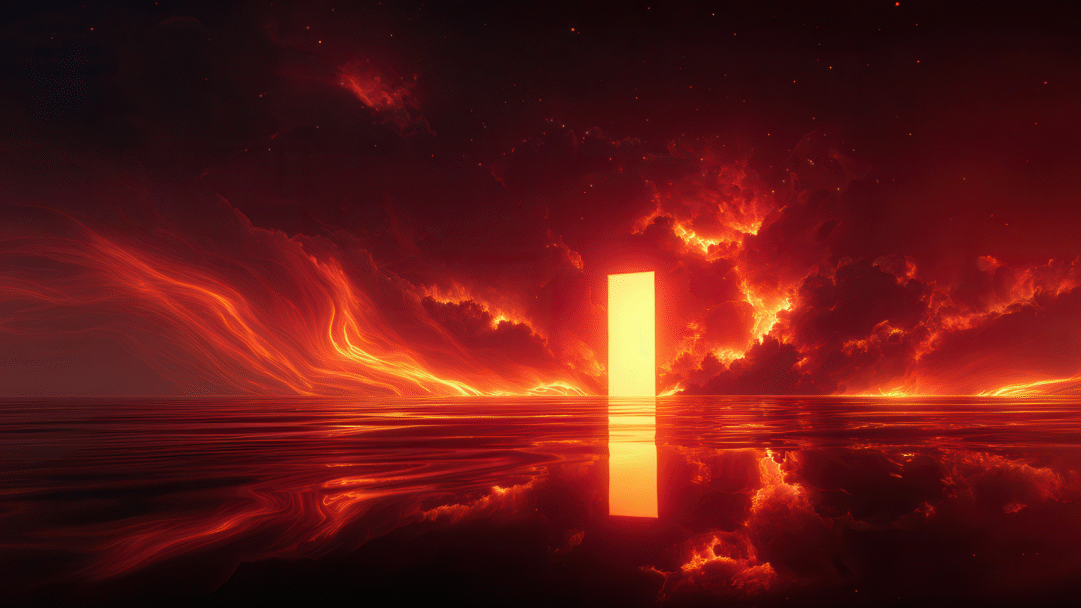 An otherworldly 4K wallpaper showcasing a radiant, monolithic portal rising from a vast, reflective red waterscape. The stark, bright light of the portal dramatically contrasts with the turbulent, fiery red and orange sky and rippling crimson waters, evoking an intense and awe-inspiring atmosphere.