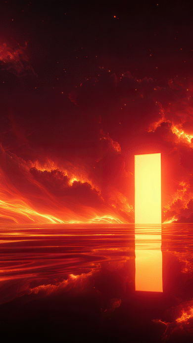 An otherworldly 4K wallpaper showcasing a radiant, monolithic portal rising from a vast, reflective red waterscape. The stark, bright light of the portal dramatically contrasts with the turbulent, fiery red and orange sky and rippling crimson waters, evoking an intense and awe-inspiring atmosphere.