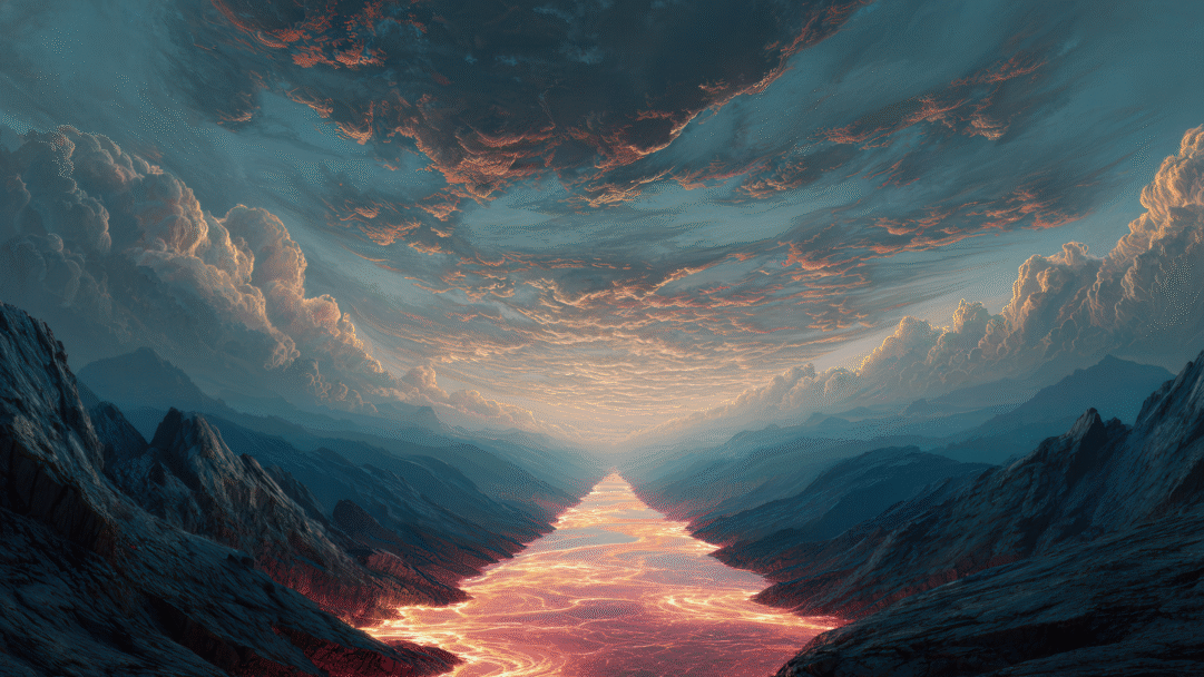 An epic 4K wallpaper depicting a glowing river of molten orange flowing through a dark, rugged mountain valley under a dramatic sky filled with fiery clouds. The intense contrast between the luminous, swirling river and the deep blue-gray mountainsides creates a powerful, otherworldly landscape.