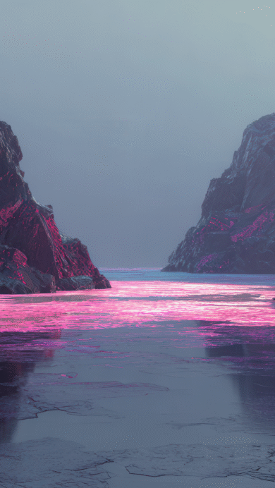 A vibrant 4K wallpaper showcasing a deep canyon passage filled with glowing pink water, flanked by towering, dark rock cliffs. The vivid pink light reflects on the water's surface and highlights jagged textures on the rocks, creating an ethereal and dramatic mood.