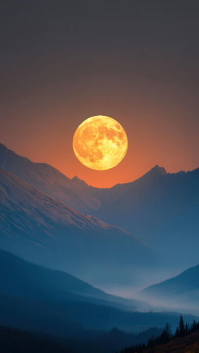 A grand 4K wallpaper showcases a vibrant golden full moon rising dramatically behind a sprawling vista of dark, majestic mountains. Its radiant, warm orange light illuminates the dark sky and casts a subtle glow on the upper mountain ridges, while the lower valleys are enveloped in a cool blue haze, conveying a profound sense of awe.