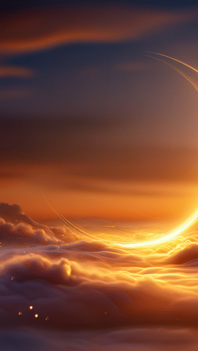 An ethereal 4K wallpaper showcases a luminous golden crescent arising from soft, swirling clouds under a vast, twilight sky. Its brilliant golden light illuminates the ethereal clouds below, creating a dreamlike and majestic atmosphere with scattered glowing embers.