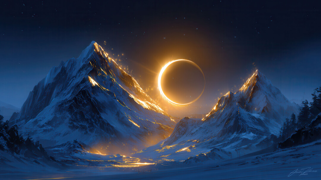 A celestial 4K wallpaper showcases a sprawling, snow-laden mountain range bathed in the ethereal glow of a cosmic phenomenon. The vibrant golden ring of light at its center illuminates the icy peaks and frosted valleys, creating a stunning visual interplay between the warm radiance and the cool blue shadows.