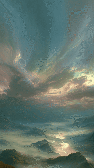 An epic 4K wallpaper capturing a vast mountain valley filled with ethereal mist at dawn or dusk. Golden light bursts through dramatic clouds above, highlighting a winding river or path glowing through the soft fog below.