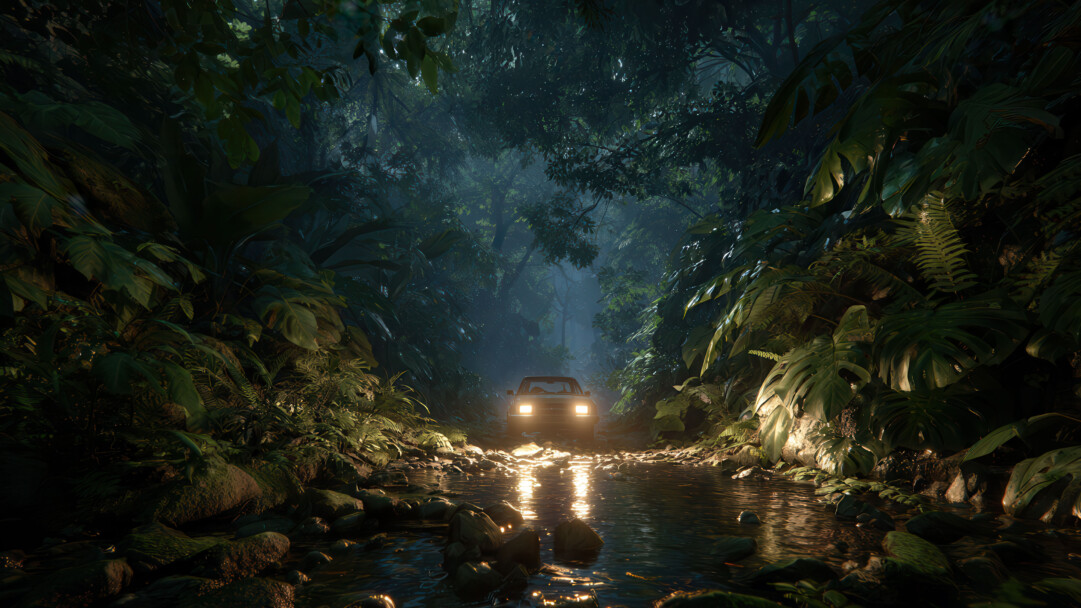 A stunning 4K wallpaper featuring a vehicle traversing a dark, rocky stream within a dense, overgrown jungle. The vehicle's bright headlights brilliantly illuminate its path, casting intense golden reflections on the rippling water and creating a striking contrast against the dark, mystical depths of the surrounding foliage.