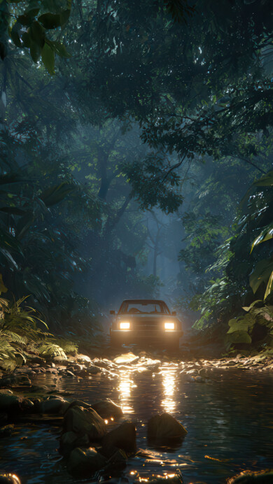 A stunning 4K wallpaper featuring a vehicle traversing a dark, rocky stream within a dense, overgrown jungle. The vehicle's bright headlights brilliantly illuminate its path, casting intense golden reflections on the rippling water and creating a striking contrast against the dark, mystical depths of the surrounding foliage.