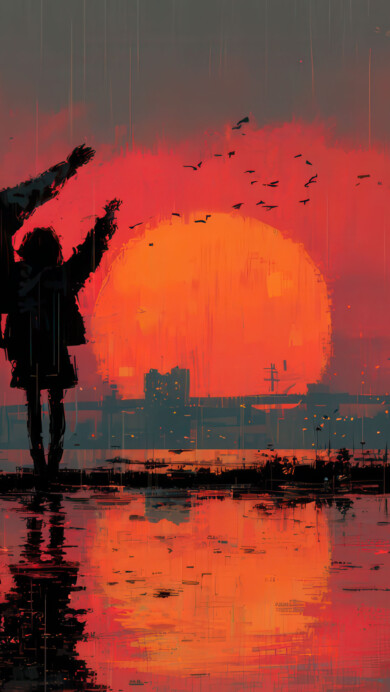 A breathtaking 4K wallpaper capturing two silhouetted figures, an adult and a child, with arms outstretched, standing on a reflective surface before a blazing sunset over a distant city skyline. The immense, fiery orange and red sun dominates the horizon, casting brilliant reflections across the water and infusing the scene with a sense of hopeful awe.