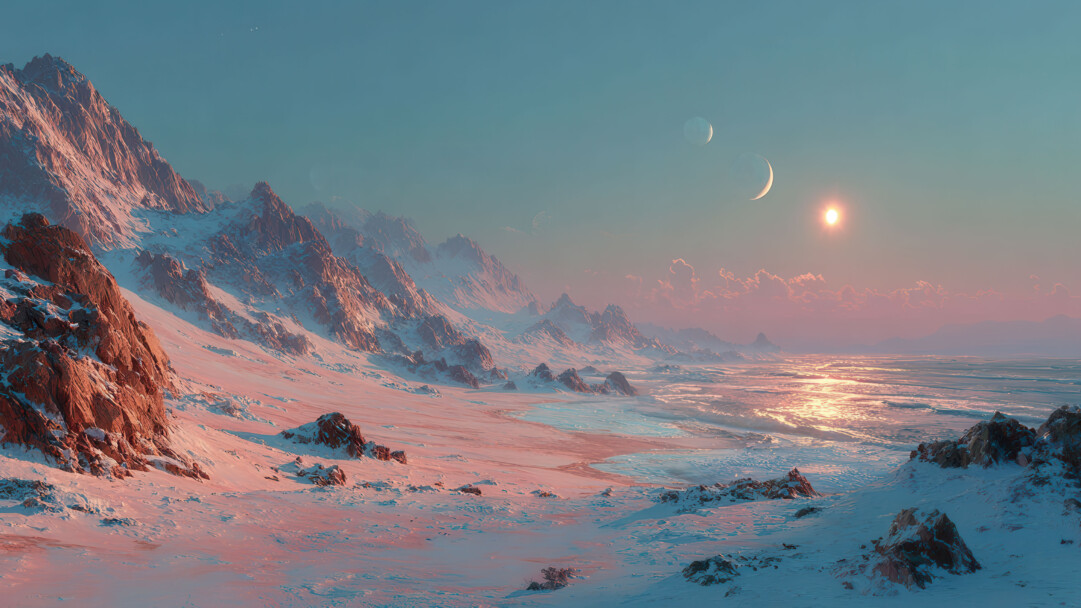 An otherworldly 4K wallpaper presenting an expansive alien landscape covered in snow and jagged mountains, beside a vast icy ocean under a twilight sky. The low-hanging sun casts a warm golden glow across the frozen water and paints the distant peaks in soft pink and orange hues, beautifully contrasting with the cool blue snow and the prominent, crescent moon.