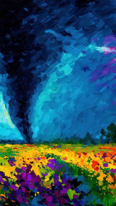 A breathtaking 4K wallpaper showcases a massive, textured tornado descending over a vivid, impasto-painted flower field under a turbulent, dark sky. The heavy impasto textures highlight the powerful blues and purples of the swirling storm, dramatically contrasting with the brilliant, almost glowing yellows, purples, and reds of the flower-filled foreground.