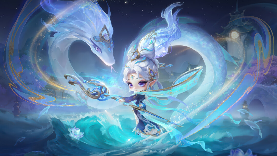 An ethereal 4K wallpaper showcasing a chibi-style Janna, with white hair and purple eyes, standing gracefully on luminous blue waves, accompanied by a magnificent, translucent azure dragon coiling behind her under a starry night sky. The vibrant interplay of glowing blues, soft golds, and sparkling particles creates a serene yet powerful mystical ambiance.