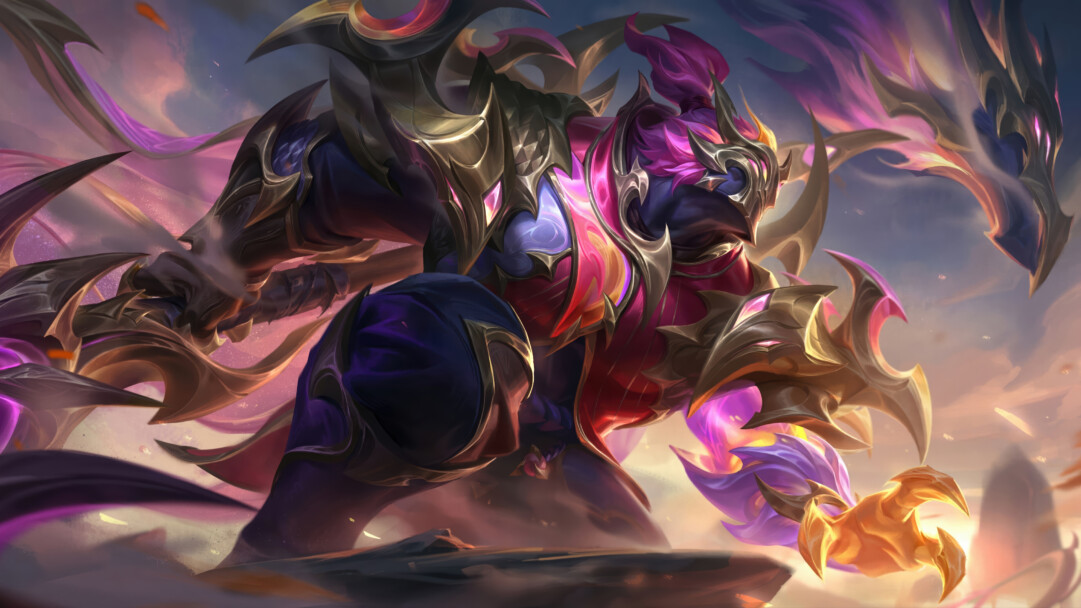 A vibrant 4K wallpaper showcasing Jax in his Dragonmancer skin, a formidable figure in spiky, golden armor and flowing mystical energy, poised dynamically on a rocky outcrop against a dramatic sunset sky. The striking contrast between his ornate dark and gold armor and the radiant, flowing purple-pink draconic energy defines the image's powerful and fantastical mood.