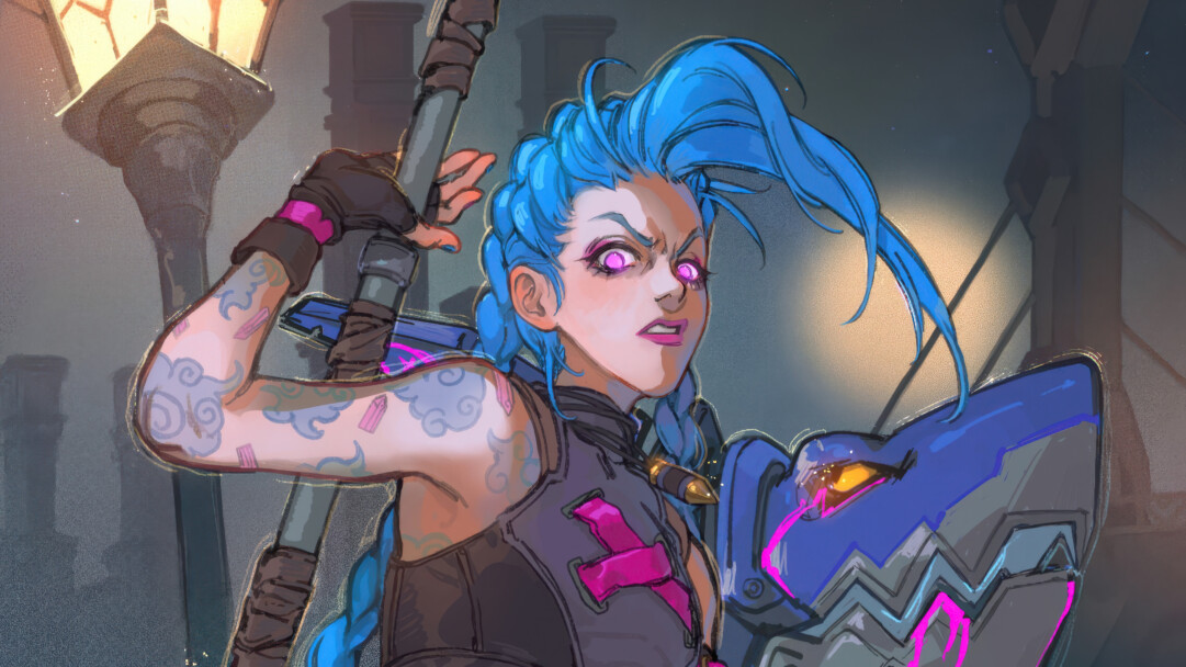 A vibrant 4K wallpaper showcases the character Jinx, her blue hair and fierce expression prominent against a dark urban backdrop. Her piercing pink eyes and the bright blue of her hair are intensely illuminated, contrasting sharply with the somber background and establishing a volatile mood.