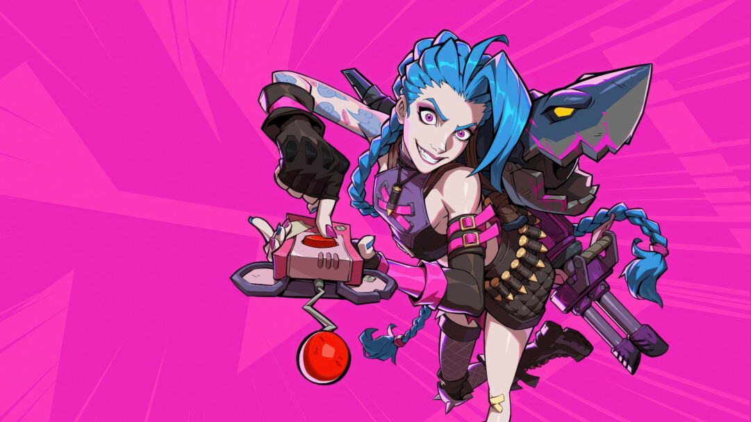 A vibrant 4K wallpaper showcasing Jinx, the blue-haired champion, in a dynamic pose, gleefully pressing a large red button on a game controller against a bold magenta background. Her maniacal grin and glowing pink eyes, alongside her massive shark-shaped weapon, define the image's electrifying and chaotic gaming energy.