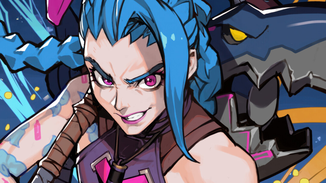 A vibrant 4K wallpaper showcasing Jinx from League of Legends, her intense pink eyes and mischievous grin dominating the foreground against a backdrop of abstract blue and orange shapes and a glimpse of her shark weapon. The sharp lines and electric colors perfectly capture her chaotic energy and the dynamic mood of the scene.