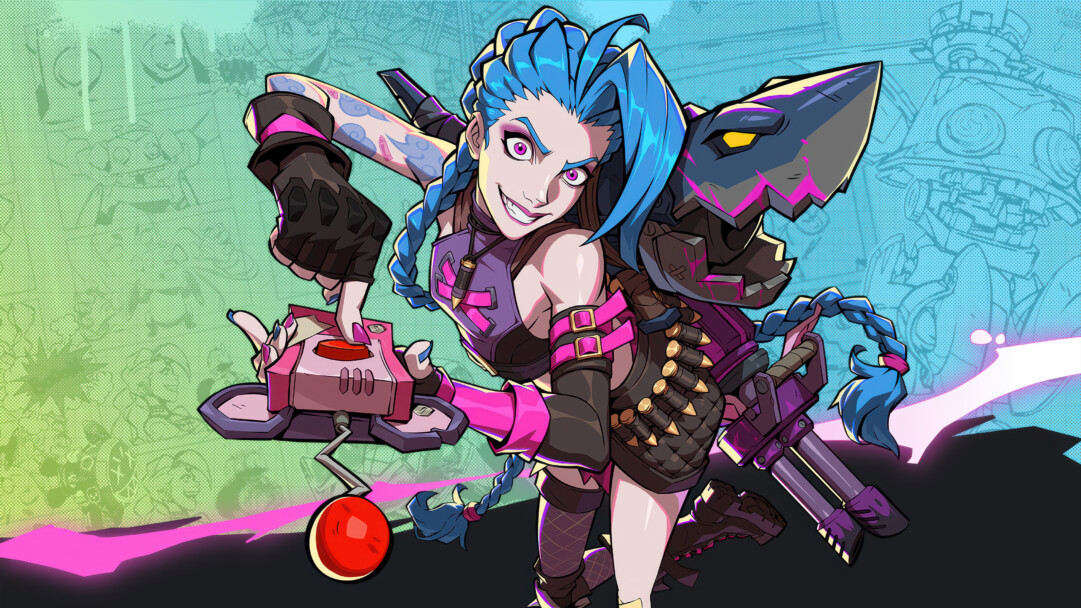 A vibrant 4K wallpaper showcasing Jinx in a dynamic pose, pressing a button on a device against a gradient backdrop of green and blue with subtle comic-style patterns. Her wide, mischievous grin and the bright pink energy streak emanating from the device highlight the image's chaotic and electrifying energy.