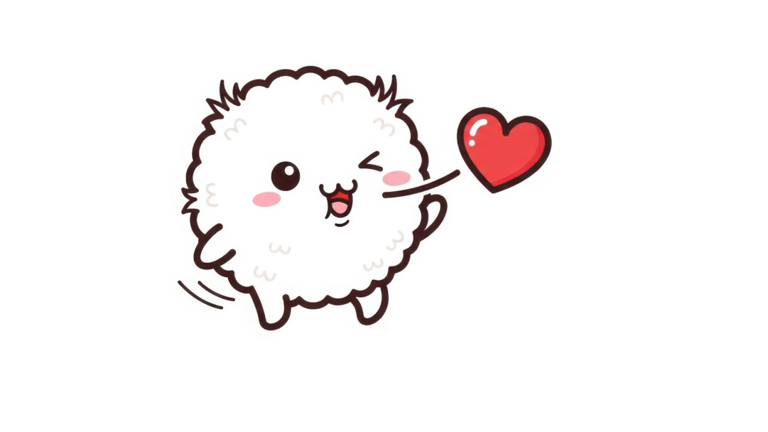 A vibrant 4K wallpaper showcasing an adorable, round, fluffy white character winking happily on a clean white background. Its bright rosy cheeks and the vivid red heart it blows capture a playful and affectionate kawaii aesthetic.