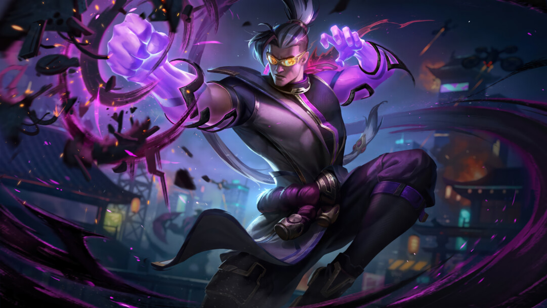 A stunning 4K wallpaper featuring the League of Legends champion Lee Sin in his Inkshadow skin, captured in a powerful martial arts pose as he unleashes energy within a dark, stylized East Asian city. Vibrantly glowing purple energy emanates from his clenched fists and swirls dynamically around him, creating a dramatic contrast with the shadowy environment and fractured debris.