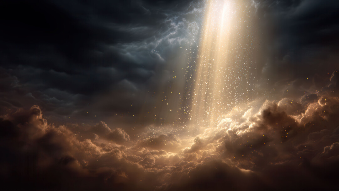 A celestial 4K wallpaper depicting a brilliant beam of golden light piercing through a dark, stormy sky, illuminating a vast expanse of warm, textured clouds below. The intense light is filled with countless shimmering particles, creating a captivating, ethereal glow that highlights the dramatic contrast between the illuminated golden clouds and the somber, dark clouds above.