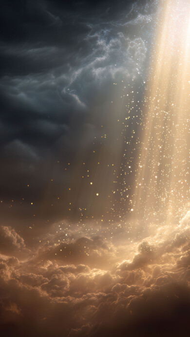 A celestial 4K wallpaper depicting a brilliant beam of golden light piercing through a dark, stormy sky, illuminating a vast expanse of warm, textured clouds below. The intense light is filled with countless shimmering particles, creating a captivating, ethereal glow that highlights the dramatic contrast between the illuminated golden clouds and the somber, dark clouds above.