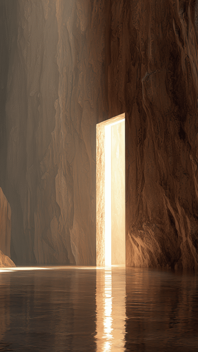 A captivating 4K wallpaper of a luminous doorway emanating from a dark, rugged cave. Golden light streams onto the calm water, reflecting brightly against the textured rock walls, creating a sense of mystery and wonder.