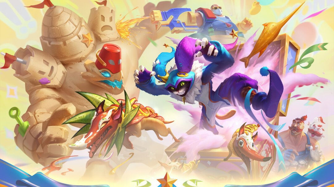 A vibrant 4K wallpaper showcasing an energetic and humorous gathering of League of Legends characters re-imagined with April Fools' Day themes in a bright, chaotic setting. The scene bursts with playful energy, highlighted by a mischievous jester cat mid-leap, a towering sandcastle creature, and a hotdog-inspired dragon, all set against a luminous backdrop of sunny yellows and soft pastels.
