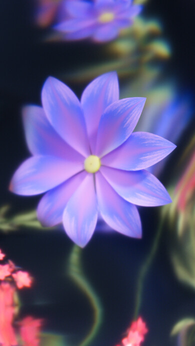 A magical 4K wallpaper of a vibrant purple flower with a bright yellow center, surrounded by ethereal, glowing floral shapes and luminous streaks against a deep blue-black background. The striking visual is the way the light refracts and smears, transforming the vibrant pink and purple blossoms into swirling, dreamlike patterns of color and energy.