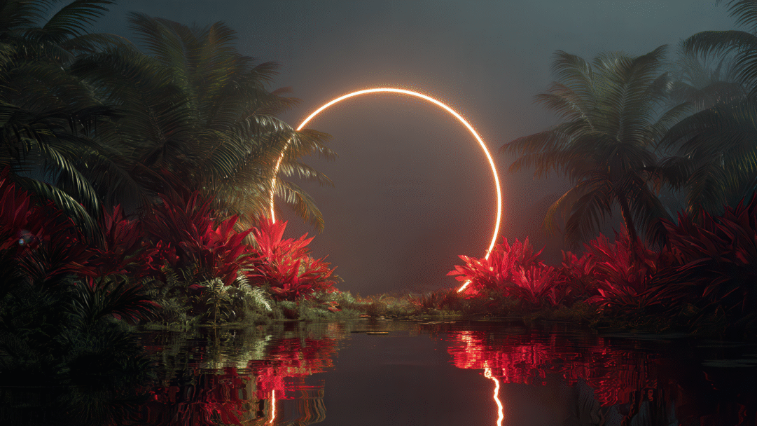 A mystical 4K wallpaper features a brilliant orange ring hovering over dark jungle water, framed by shadowy palm trees and vibrant red plants. The intense glow of the ring and foliage creates a dramatic contrast against the deep shadows, reflecting vividly on the still water surface.