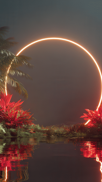 A mystical 4K wallpaper features a brilliant orange ring hovering over dark jungle water, framed by shadowy palm trees and vibrant red plants. The intense glow of the ring and foliage creates a dramatic contrast against the deep shadows, reflecting vividly on the still water surface.