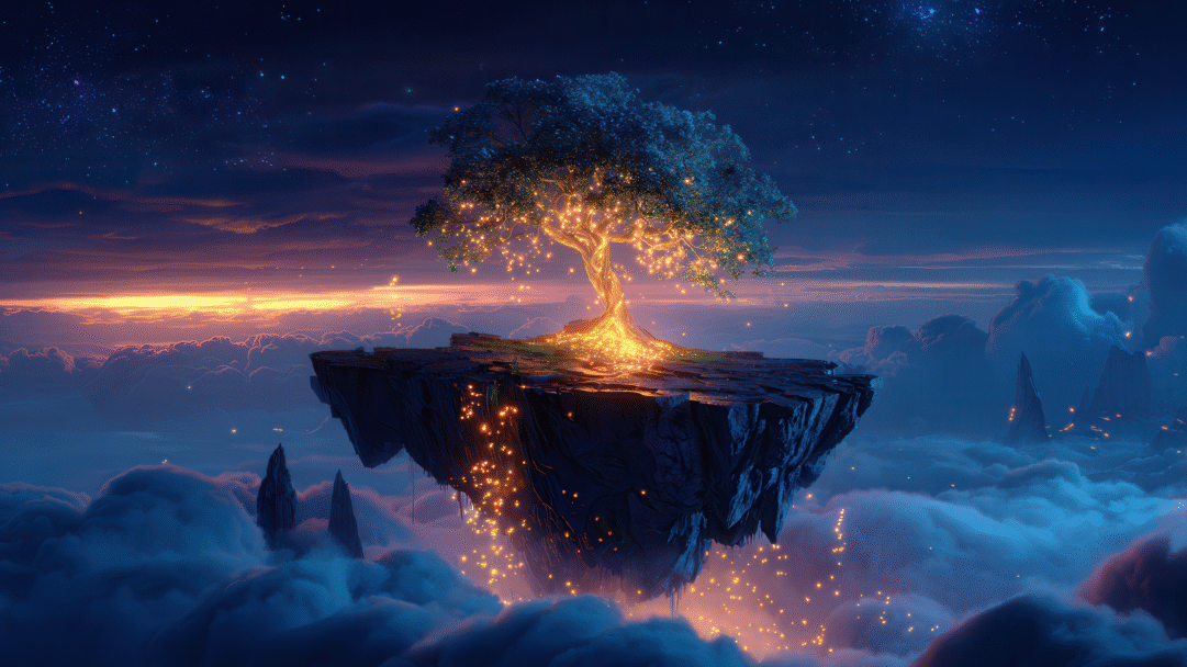 A breathtaking 4K wallpaper depicting a majestic, luminous tree rooted on a floating rock island, suspended high above a sea of soft clouds under a twilight sky. The tree radiates a warm golden light that illuminates the island and casts a shower of glowing particles into the cool, dark blue clouds below, creating a magical, dreamlike atmosphere.