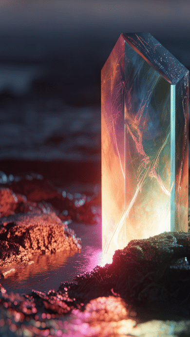 A mystical 4K wallpaper featuring a luminous prismatic crystal emerging from a dark, textured landscape beside reflective water. The crystal's internal light radiates vibrant hues of orange, pink, and yellow, dramatically illuminating the surrounding dark, textured terrain and water.