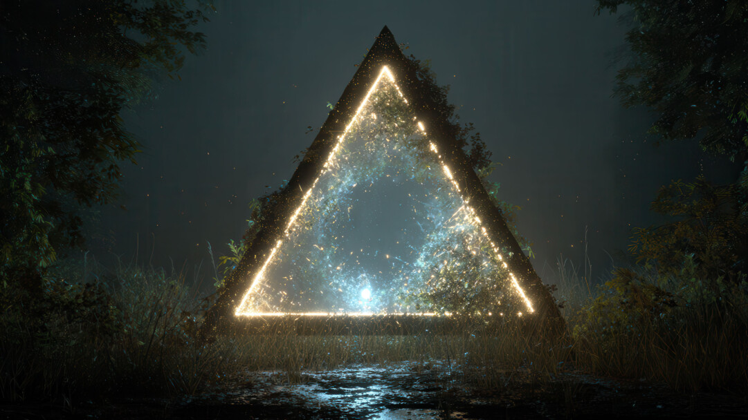 A mystical 4K wallpaper presents a colossal, luminous triangular portal nestled within the overgrown, ancient depths of a dark forest. Its radiant golden frame encompasses a shimmering void of electric blue and gold particles, dramatically illuminating the surrounding dark foliage and reflecting on the damp, textured ground below.