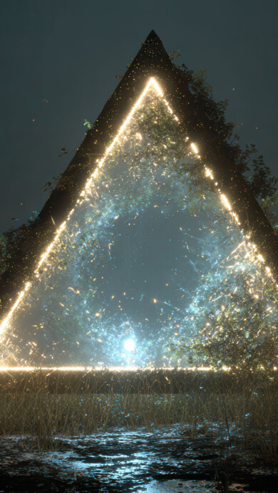 A mystical 4K wallpaper presents a colossal, luminous triangular portal nestled within the overgrown, ancient depths of a dark forest. Its radiant golden frame encompasses a shimmering void of electric blue and gold particles, dramatically illuminating the surrounding dark foliage and reflecting on the damp, textured ground below.