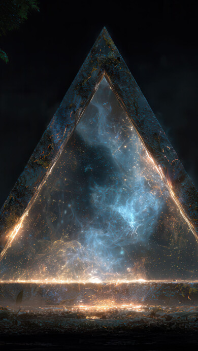 A magical 4K wallpaper of a mysterious, luminous triangle standing within a shadowed forest clearing. The ethereal light portal within the dark triangle glows intensely with blue and gold energy, casting a mystical glow upon the ancient forest floor.