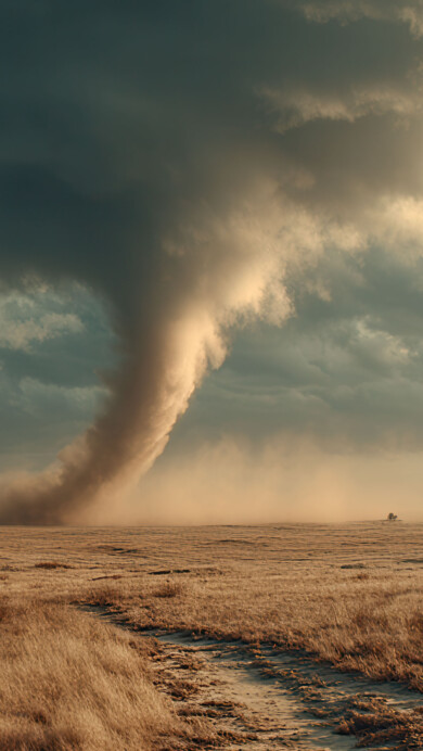 An awe-inspiring 4K wallpaper captures a massive dust devil spinning across a vast, sun-kissed prairie under a dramatic, cloud-filled sky. Golden sunlight spectacularly illuminates the towering vortex of dust and the dry, golden grass, creating a breathtaking contrast against the heavy, dark storm clouds overhead.