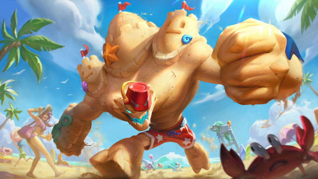 A dynamic 4K wallpaper featuring Malphite, depicted as a colossal sandcastle figure, energetically moving across a lively, sun-drenched beach. The bright sunlight illuminates his detailed sand texture and the sparkling particles of sand he kicks up, perfectly capturing the energetic and playful summer mood.