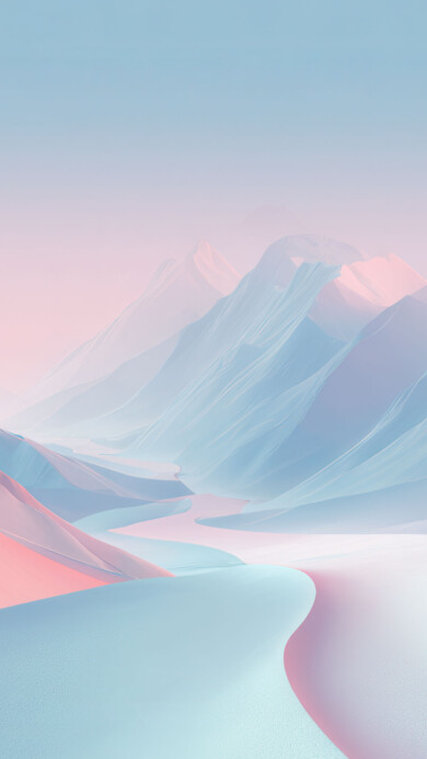A mesmerizing 4K wallpaper features an expansive minimalist desert, where soft dunes undulate towards a hazy horizon of mountains. The subtle interplay of light and shadow bathes the landscape in delicate pastel gradients of pink and blue, creating a serene, otherworldly vista.