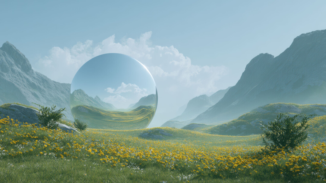 A surreal 4K wallpaper presenting a large, gleaming mirrored orb centered in a lush mountain meadow, filled with vibrant yellow wildflowers, and flanked by imposing grey peaks under a bright sky. The orb's highly reflective surface creates a mesmerizing distorted panorama of the sky and distant landscape within itself, adding an otherworldly and tranquil mood to the scene.