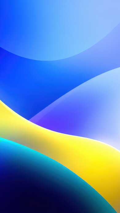 A vibrant 4K wallpaper showcasing smooth, undulating abstract forms in shades of blue, yellow, and purple. The luminous gradients and soft transitions between hues create a sleek, modern depth that evokes a sense of fluid motion.
