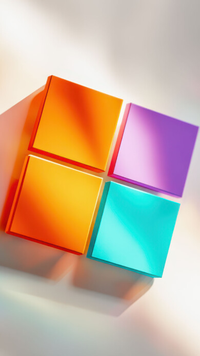 A vibrant 4K wallpaper showcasing a modern, geometric Microsoft Windows logo, composed of four colorful, slightly raised squares against a soft, diffused background. The interplay of vivid orange, purple, yellow, and teal on the logo with the background's ethereal light streaks and prismatic reflections creates a dynamic and futuristic ambiance.