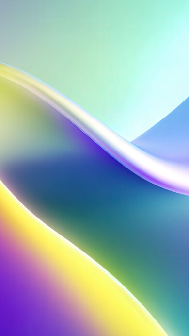 A vibrant 4K wallpaper showcasing a smooth, abstract wave form flowing through a gradient background of cool and warm colors. Bright highlights accentuate the glossy curves, blending purple, yellow, green, and blue in a dynamic and luminous visual flow.