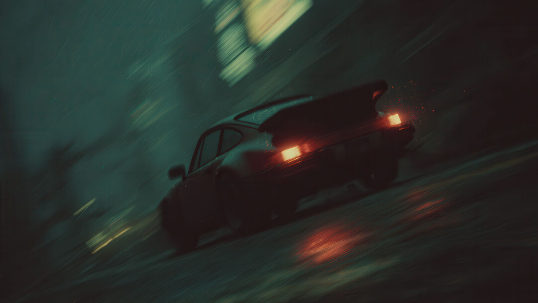 A dramatic 4K wallpaper captures a vintage sports car speeding through a dark, motion-blurred night. The glow of bright red taillights and shimmering sparks stands out against the cool, wet streaks of rain and ambient light, creating a powerful, moody scene.