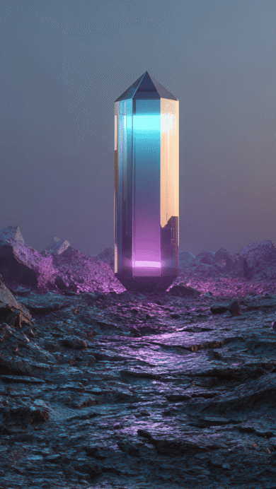 A captivating 4K wallpaper featuring a large, translucent crystal rising from a dark, rugged alien landscape. The crystal emits a gradient of light from warm white to vibrant blue and purple, illuminating the textured rocks with an ethereal glow.