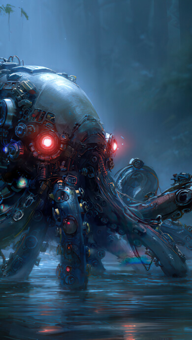 A chilling 4K wallpaper reveals a massive, intricately designed mechanical kraken emerging from the dark, misty waters of a dense jungle swamp. Its ominous red glowing optical sensors and complex, metallic tentacles cast eerie reflections on the water, highlighting the mysterious and powerful presence within the shadowy, humid environment.