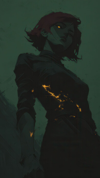 A stunning 4K wallpaper featuring a mysterious woman with red hair standing in a shadowy, deep green environment. Her eyes and body glow with intense golden energy, creating a powerful contrast against the dark green background and defining the artwork's eerie mood.