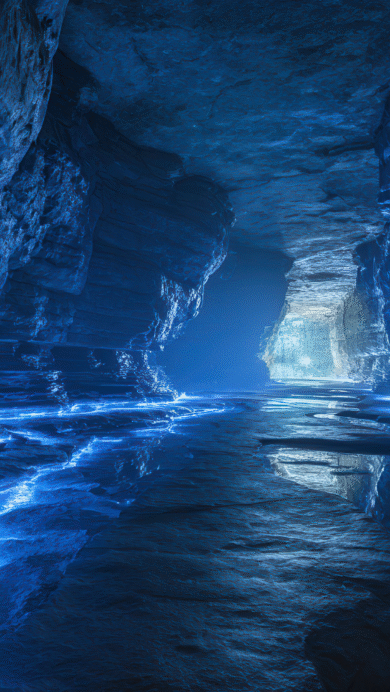A mysterious 4K wallpaper featuring a dark cave passage with a luminous blue light flowing across the floor. The vibrant blue glow contrasts sharply with the rugged rock walls and leads the eye towards a bright opening in the distance, creating an otherworldly atmosphere.