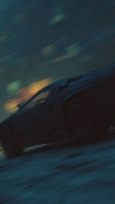 A dynamic 4K wallpaper depicts a sleek dark car blurring as it speeds through the atmospheric depths of a neon-lit dystopian city. The intense motion blur and glowing streaks of orange light define the speed and mysterious, atmospheric mood of this futuristic chase.