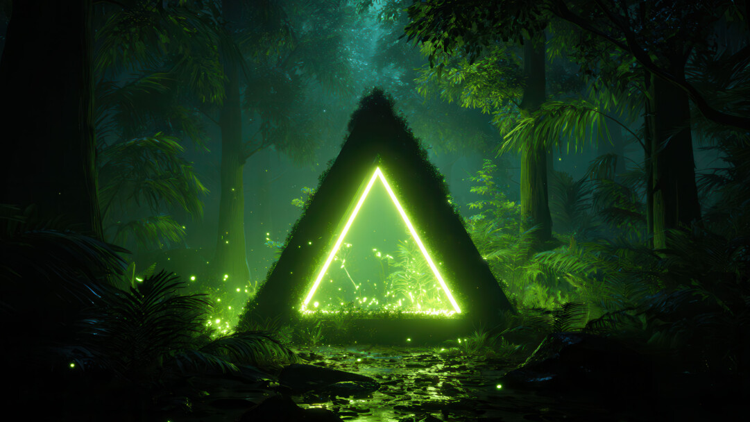 A mystical 4K wallpaper presenting a large, glowing lime-green triangle outline standing on wet ground in a dark, deep forest. The bright geometric light contrasts sharply with the organic shadows of the trees and leaves, while scattering glowing particles enhance the eerie, magical atmosphere.