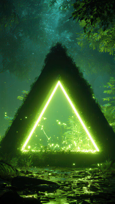 A mystical 4K wallpaper presenting a large, glowing lime-green triangle outline standing on wet ground in a dark, deep forest. The bright geometric light contrasts sharply with the organic shadows of the trees and leaves, while scattering glowing particles enhance the eerie, magical atmosphere.