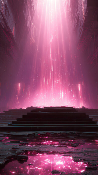 A magical 4K wallpaper of a radiant pink energy beam rising from a raised platform of steps within a dark, rocky, futuristic chamber. The intense pink light casts a vibrant glow that reflects across the fractured, wet floor, creating shimmering pools and descending trails of light from the ceiling.